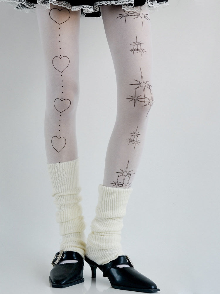 White Heart & Star Print Tights