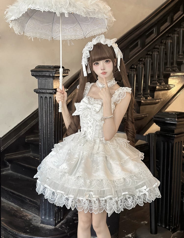 Bow Ruffled Details Lace Embossed Lolita Sweet with Only JSK Jacquard Dress / Princess + White Train