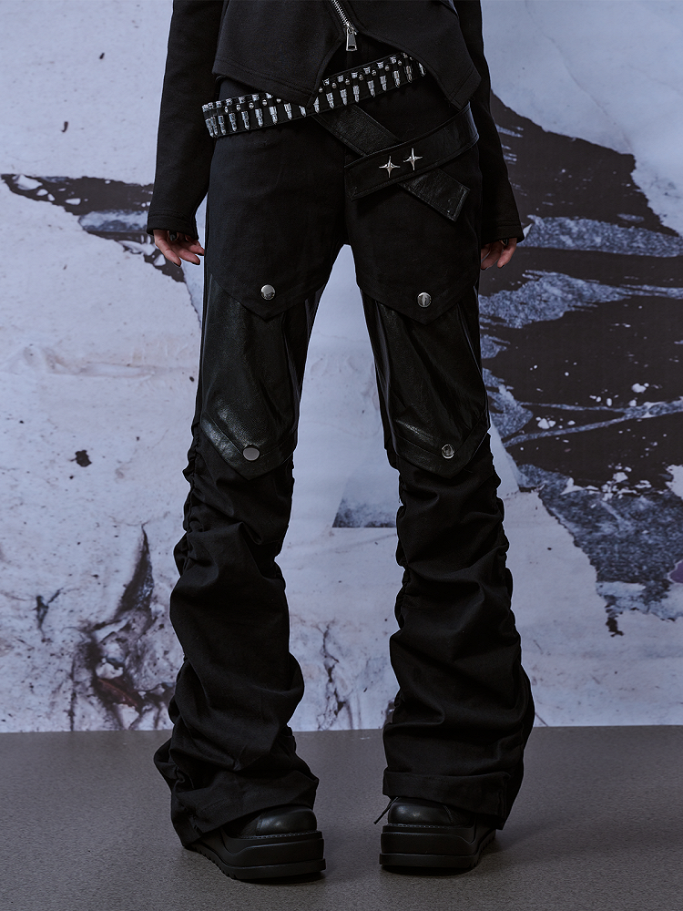 Patches  Belts Black Punk Denim Jeans With Studded PU Knee