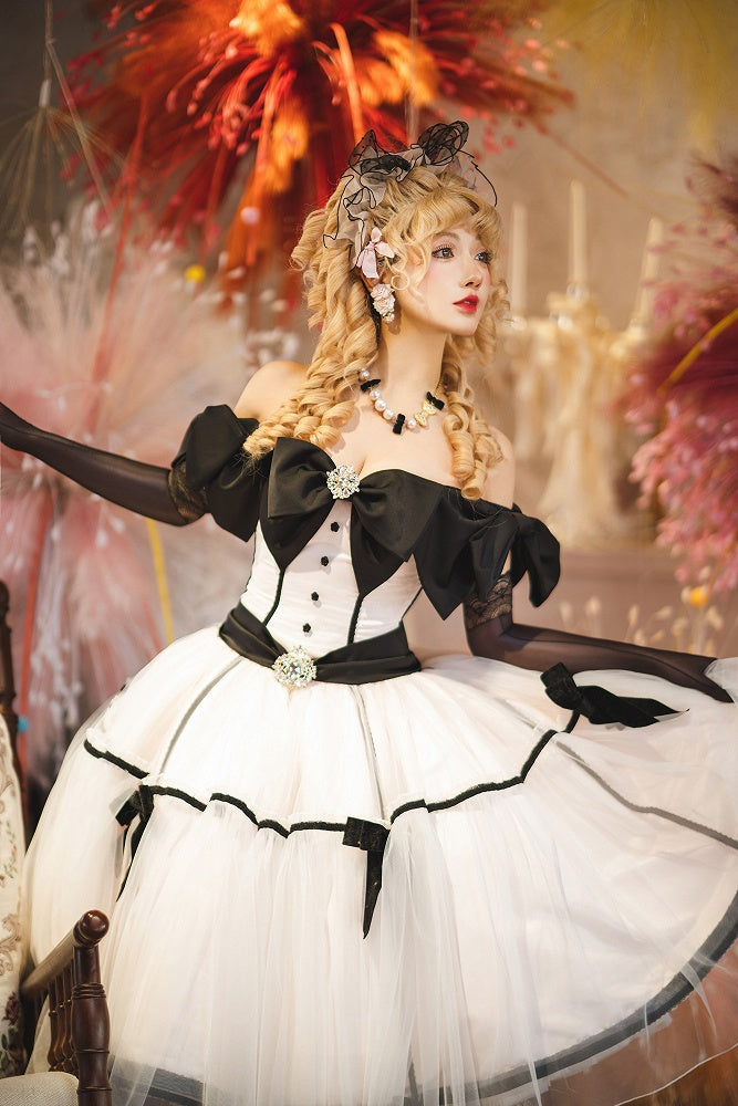 Big Bow Off-the-shoulder Neckline Pink Elegant Tea Party Lolita Tulle Dress