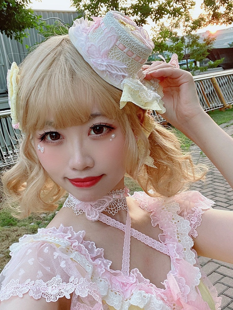 Hat Mini Design Floral Butterfly Lolita PinkYellow Lace Sweet And Trim