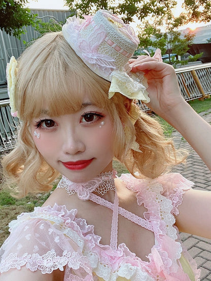 Hat Mini Design Floral Butterfly Lolita PinkYellow Lace Sweet And Trim