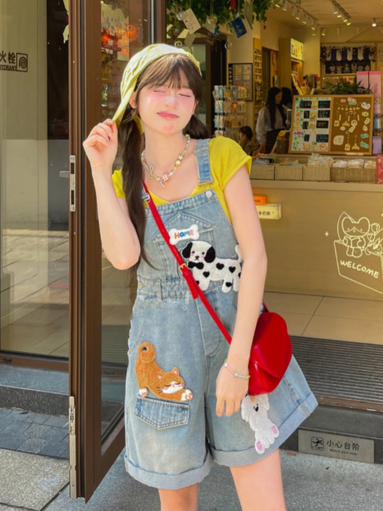 Blue High Denim Overalls Waist and Puppy Appliques with Kitty Detachable