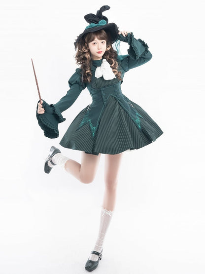 Green Striped Pattern Short Sleeves Lolita Dress with Separate Jabot Collar