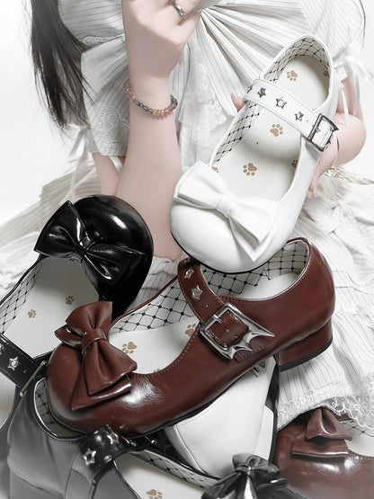 Black PU Low-heel Mary Bow Shoes Design Star with Jane Details Ornate in