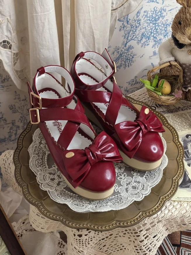 Grain PU Wood Mary at - Red with Janes Top Sole Bow Crisscross Sweet Straps Platform Lolita