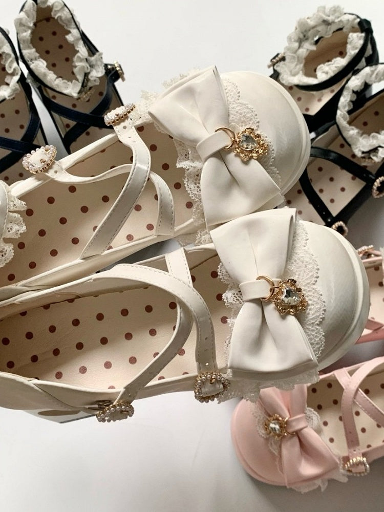 4 Colors 2cm Platform Pendant Detail Lolita Mary Jane Shoes with Bow and Lace Trim - Unmissable Berry