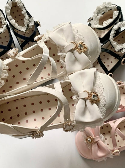 4 Colors 2cm Platform Pendant Detail Lolita Mary Jane Shoes with Bow and Lace Trim - Unmissable Berry