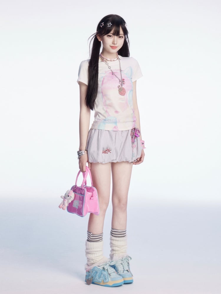 刺繍ミニバブルスカートパターンホワイトストライプ文字