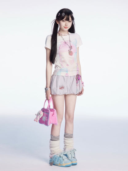 刺繍ミニバブルスカートパターンホワイトストライプ文字