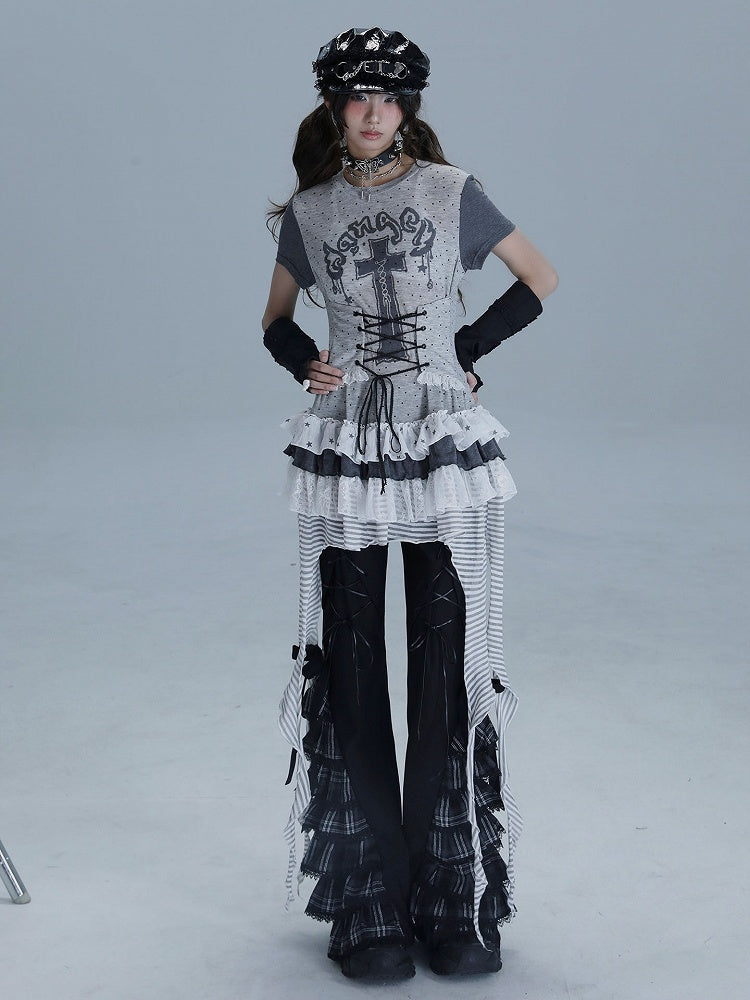 Punk Cross with Layered T-Shirt Print Ruffle Gray Dot Skirt Dress Polka