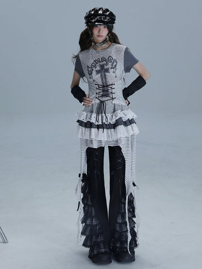 Punk Cross with Layered T-Shirt Print Ruffle Gray Dot Skirt Dress Polka