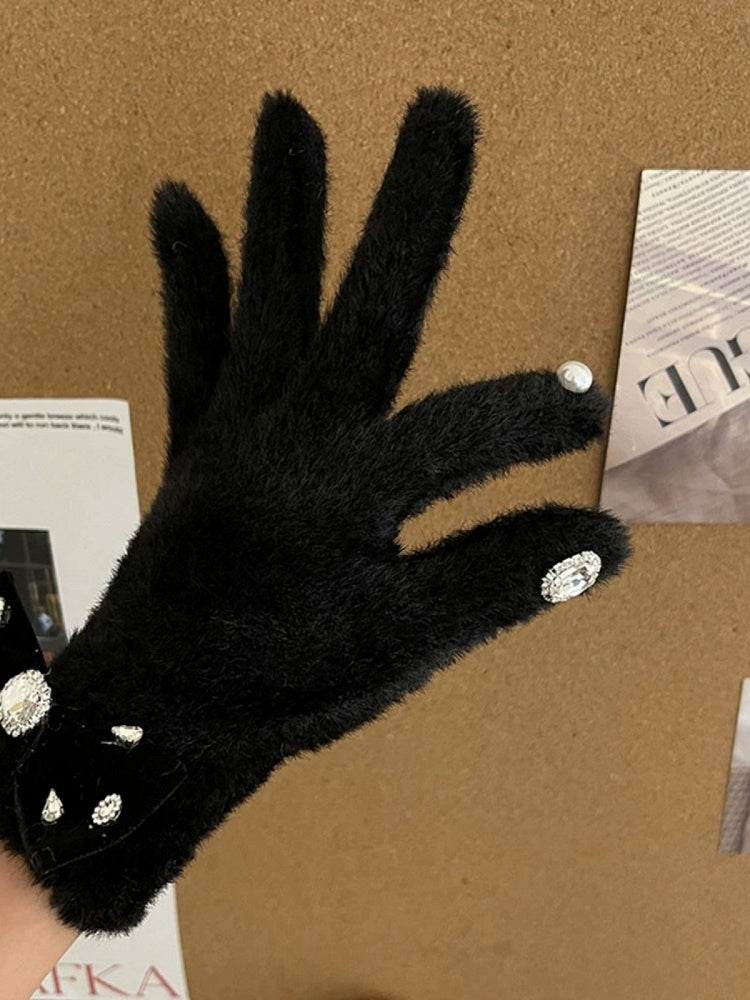 and Warm Fuzzy Decorations Gloves White/Black Rhinestone with Bow