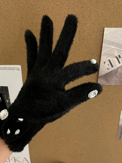 and Warm Fuzzy Decorations Gloves White/Black Rhinestone with Bow