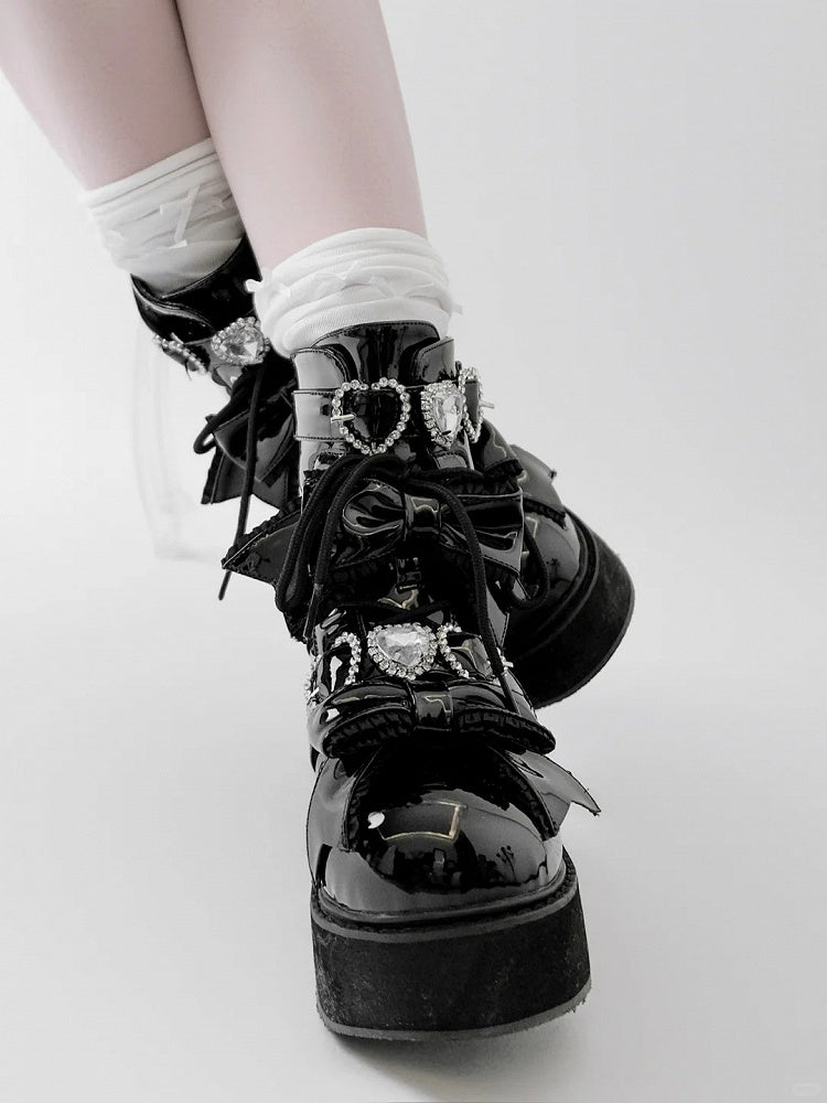 Platform Ankle Boots Buckles Jirai Kei Polished and Black Rhinestons Sweetheart with