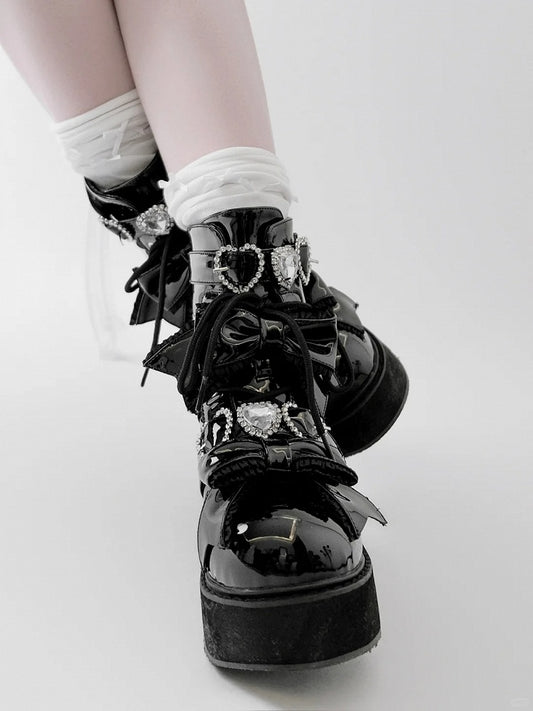 Platform Ankle Boots Buckles Jirai Kei Polished and Black Rhinestons Sweetheart with