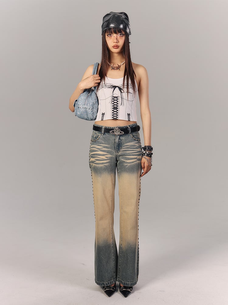 Front Black Cami Bow Top Punk Graffiti with Crop White Lace-Up Corset Print