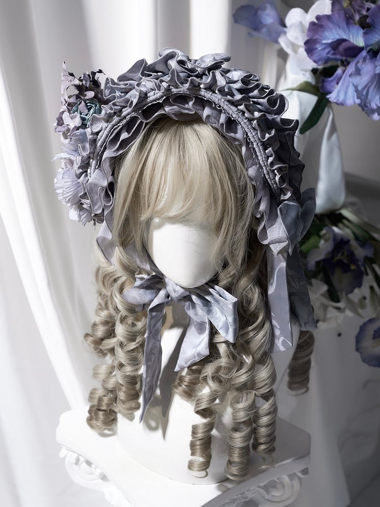 Lolita Hairband with Ruffled Black/Gray/Brown Accent Floral