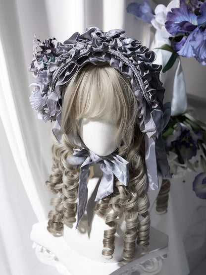 Lolita Hairband with Ruffled Black/Gray/Brown Accent Floral