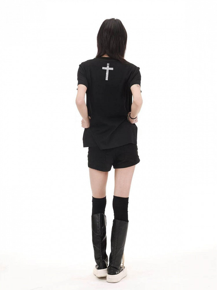 Genderless Punk Black Tee with Girl Rhinestone Print - DETW OnLine