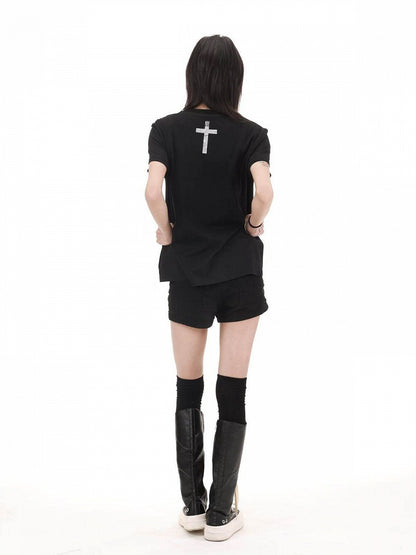 Genderless Punk Black Tee with Girl Rhinestone Print - DETW OnLine