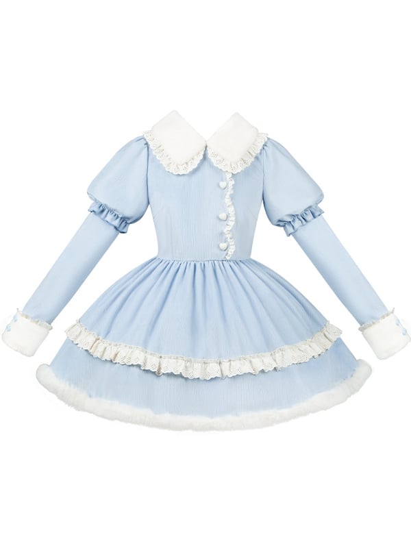 Robe Lolita bleue Alice à col et poignets en peluche avec oreilles de lapin amovibles et queue dans le dos