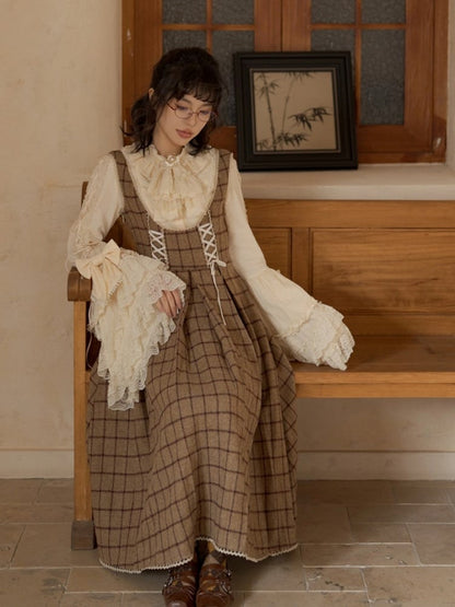 Classic Lace-Up Elegant Details Lolita with Brown Dress Plaid