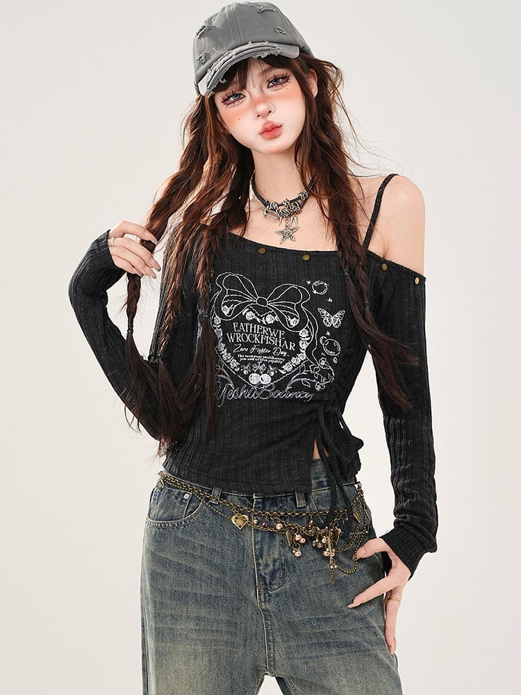 ブラック/グレー ドローストリングウエスト アシンメトリーネックライン グラフィックトップ