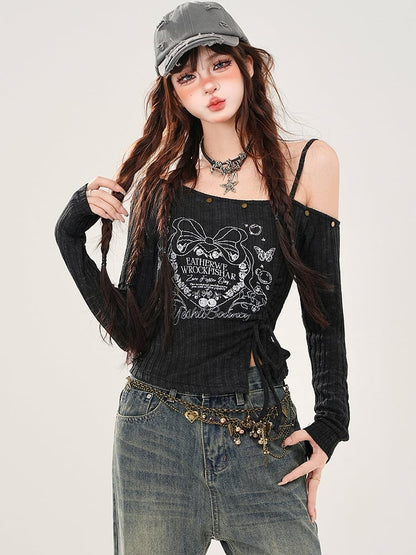 ブラック/グレー ドローストリングウエスト アシンメトリーネックライン グラフィックトップ