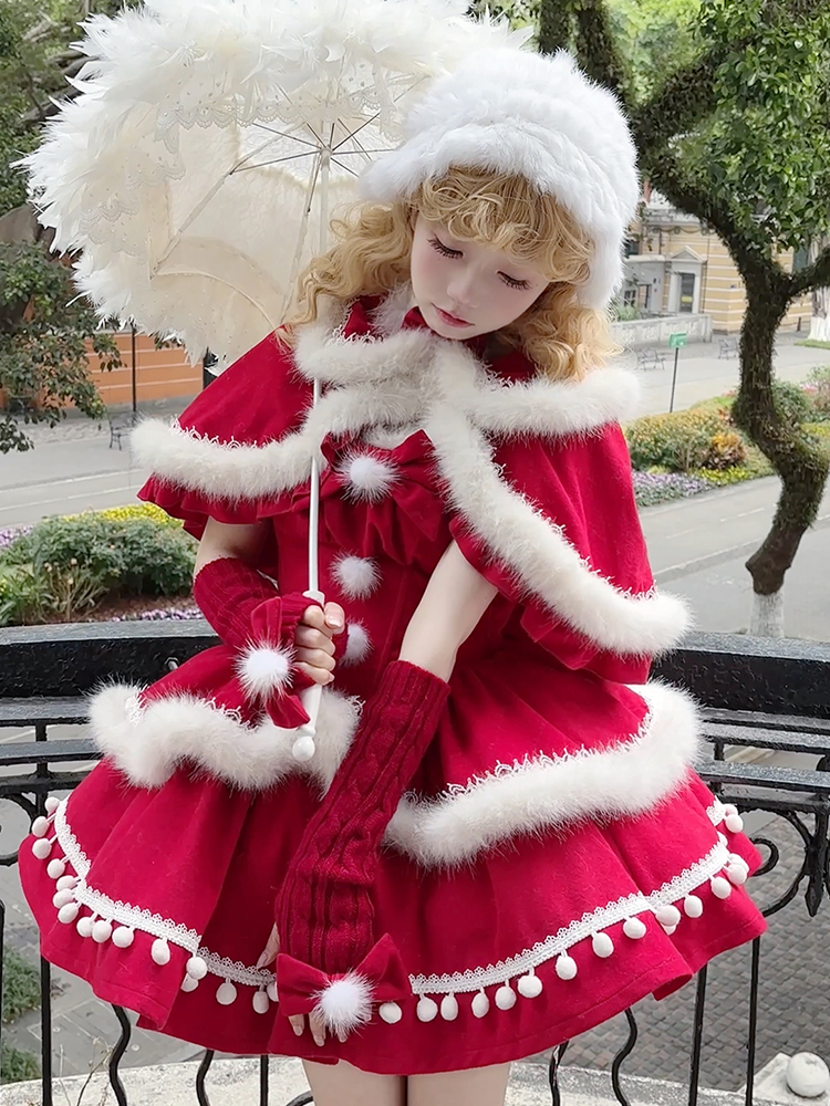 Christmas Red Princess Basque Waist Jumper Skirt with Festive White Plush Trim