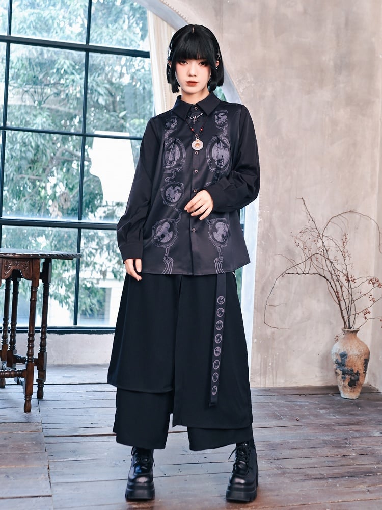 Regular/Thin with Hem Details Bird Ribbon Metal Pants Print Cheongsam Black Asymmetrical Wide-Leg Chain