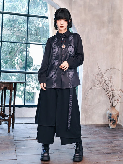 Regular/Thin with Hem Details Bird Ribbon Metal Pants Print Cheongsam Black Asymmetrical Wide-Leg Chain