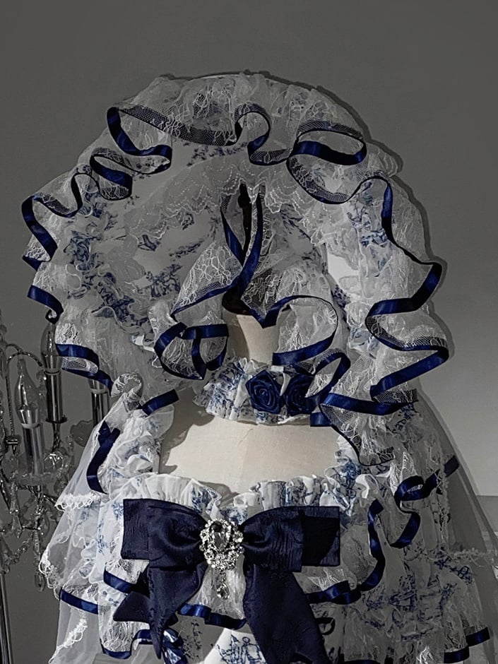 Blue & White Porcelain Print Lace Trim Bonnet with Veil - Sleepless Star