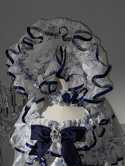 Blue & White Porcelain Print Lace Trim Bonnet with Veil - Sleepless Star