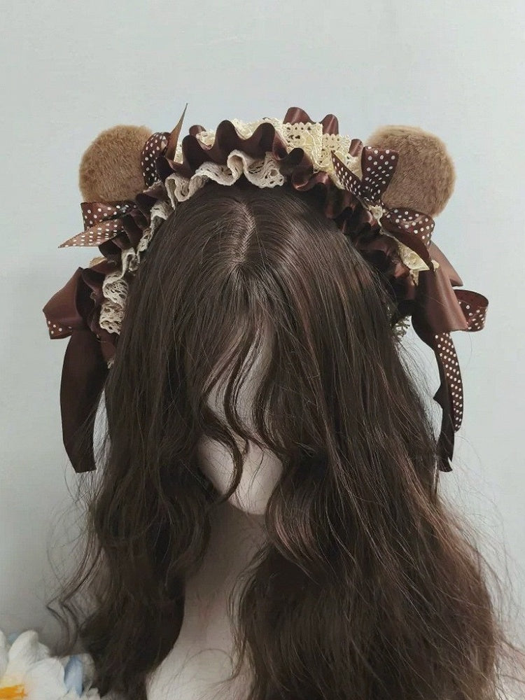Dark Brown Bear Hairband with Polka Dot Lace - Ye Cheng Hair Accessory