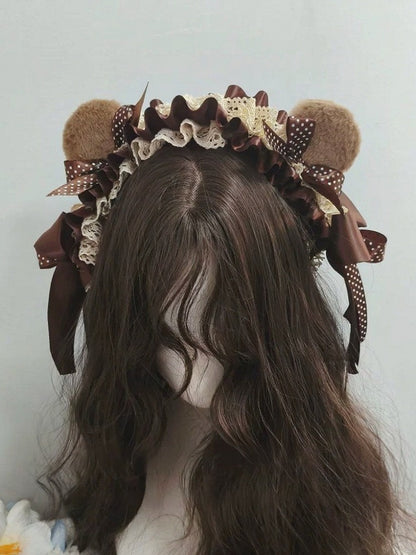 Dark Brown Bear Hairband with Polka Dot Lace - Ye Cheng Hair Accessory