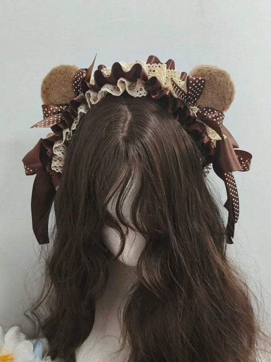 Dark Brown Bear Hairband with Polka Dot Lace - Ye Cheng Hair Accessory
