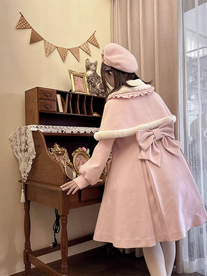 Elegant Cape and Collar Coat Peter Detachable Kei Long Plush Pan Pink with Jirai