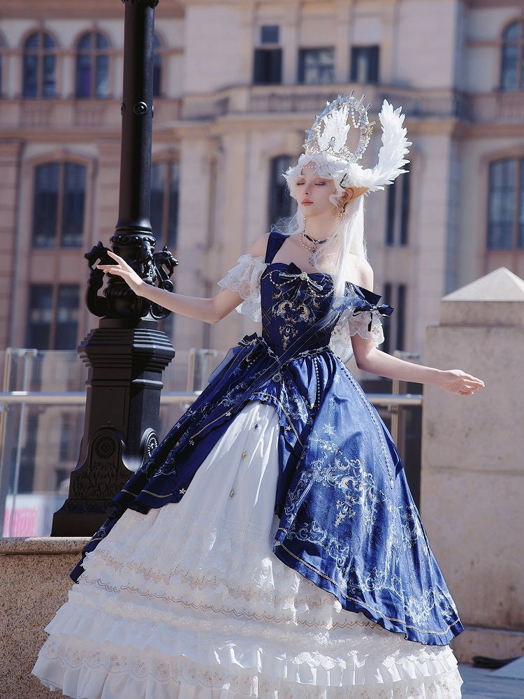 Dark Blue and White Boned Corset Bodice Gorgeous Printed Train Lolita Dress Full Set
