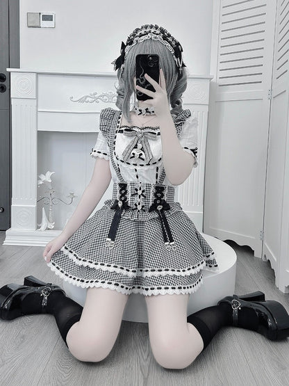 Black White Jirai Kei Square Neck Cotton Blouse with Bow Lace Details - Broken Bear