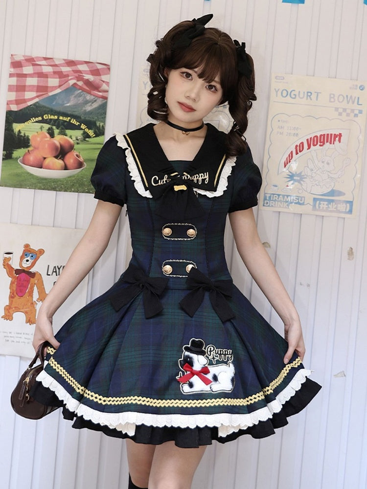 with Lace Plaid Trim Sweet Lolita Green and Black Dress Puppy Patch