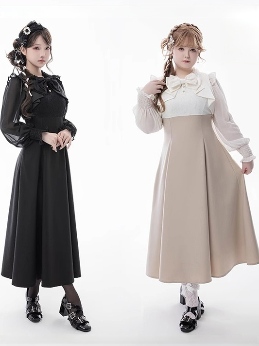 Aesthetic Faux Elegant Clean Design Apricot/Black Two-Piece Maxi Pure Jirai Dress: Kei with
