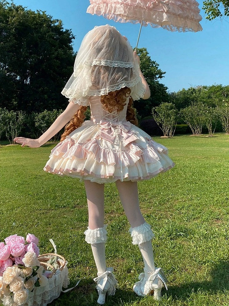 Veil Lace Bow Pink & White Lolita Hairband - Rose Weaving Poetry