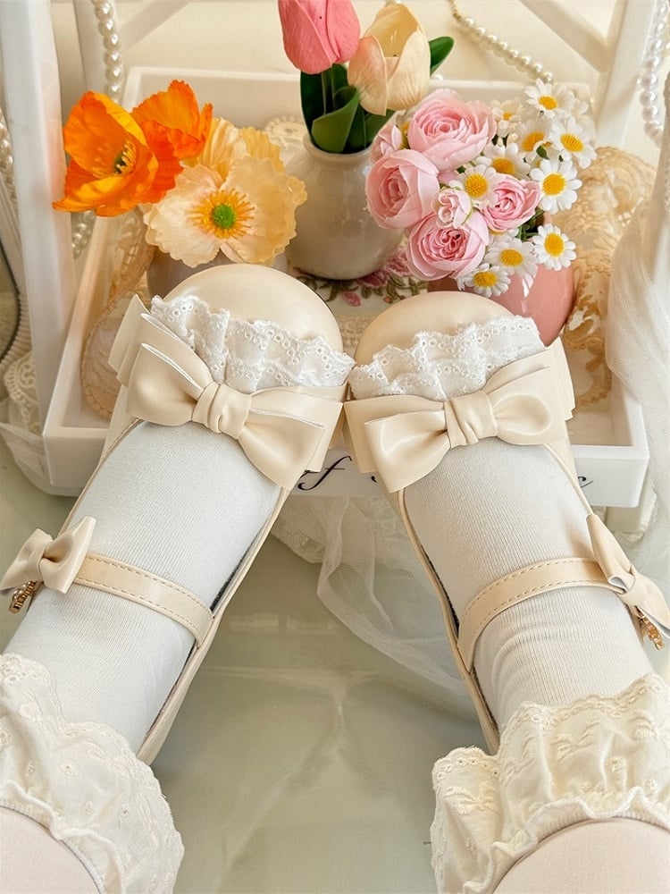Lolita Low/Mid Heels Beige Lace with Sweet Bow Accents Trim