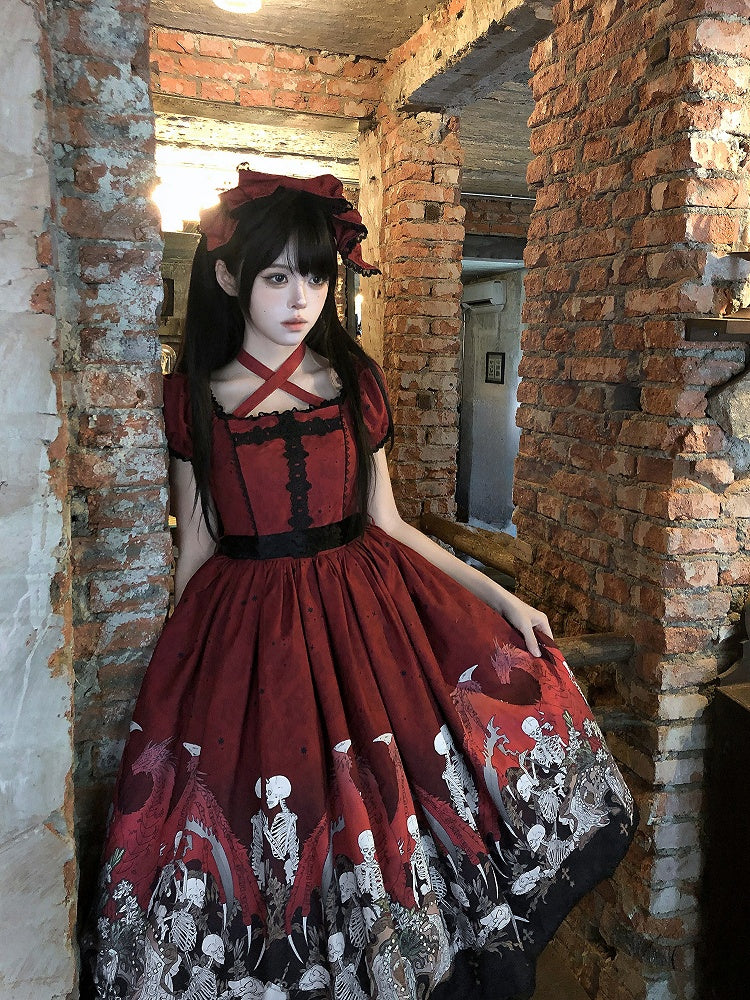 Lace Trim Black Dress Red Lolita and with Cross Print Skeleton Gothic