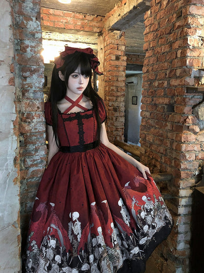 Lace Trim Black Dress Red Lolita and with Cross Print Skeleton Gothic
