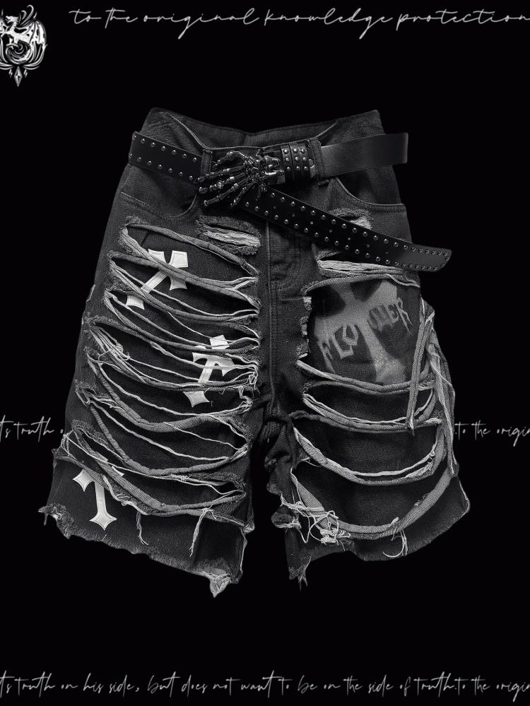 デニムショートパンツ Y2K クロスアップリケ ダメージ加工 穴あき ダークグレー グラマラス