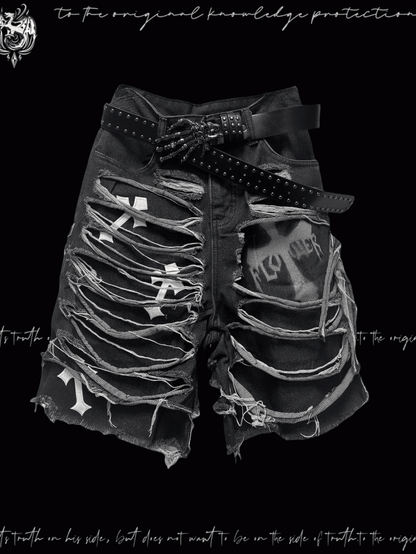 デニムショートパンツ Y2K クロスアップリケ ダメージ加工 穴あき ダークグレー グラマラス