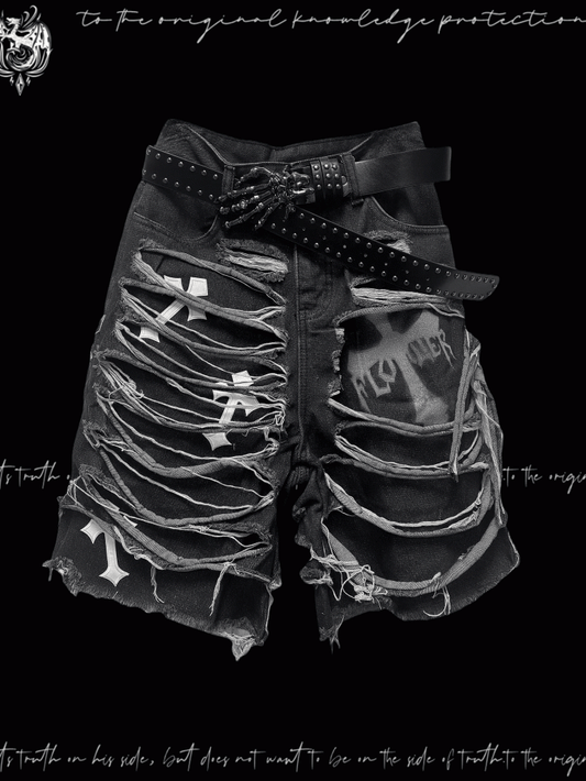 デニムショートパンツ Y2K クロスアップリケ ダメージ加工 穴あき ダークグレー グラマラス