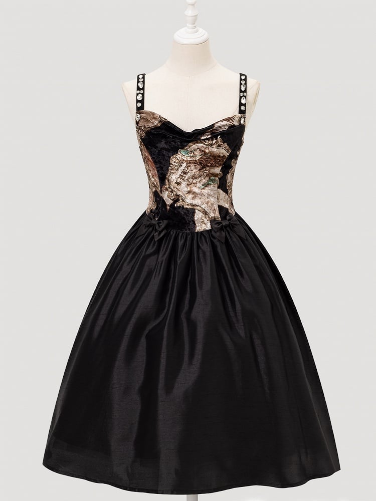 Strapsand Shoulder Rhinestone Embellished Cowl Elegant Classic Dresswith Neckline Lolita Black Bows